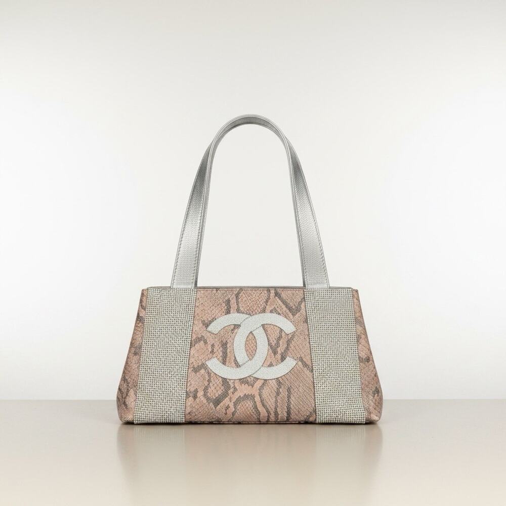 Chanel CC Logo Tote Metallic Pink Python Exotic Silver Leather Shoulder Bag Rare - Picture 2 of 6